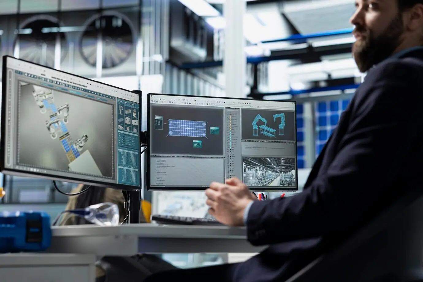 Профессиональный аналитик по энергетике в деловом костюме изучает данные диагностики солнечных панелей.